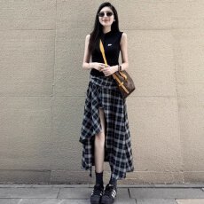 批发汉服法式不规则黑白格纹半身裙女春季新款时尚小个子显瘦裙子