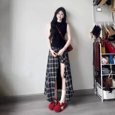 批发黑白格子裤设计感慵懒风休闲灯笼裤<b class='q'>秋</b>季新款日系复古宽松阔腿裤女