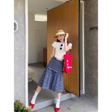 批发复古两穿设计感蓝色格子半身裙女夏季法式气质抹胸背心裙a字伞裙