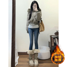 批发复古蓝高腰弹力<b class='q'>小脚</b>牛仔裤女秋冬新款加绒紧身显瘦双扣铅笔裤
