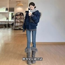 批发复古蓝高腰弹力<b class='q'>小脚</b>牛仔裤女秋冬新款加绒紧身显瘦双扣铅笔裤