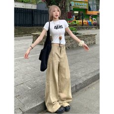 批发卡其色阔腿牛仔裤女新款高腰设计感宽松显瘦拖地裤