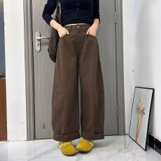 批发美式复古阔腿牛仔裤女秋季新款宽松梨型身材微喇拖地裤子