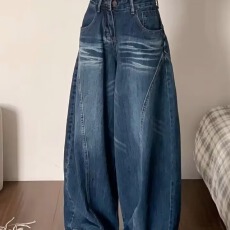 批发水洗做旧猫须阔腿弯刀牛仔裤男女宽松美式设计垂感解构松弛感裤子