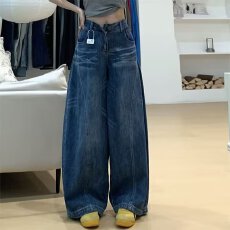 批发水洗做旧猫须阔腿弯刀牛仔裤男女宽松美式设计垂感解构松弛感裤子