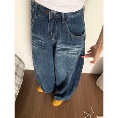 批发水洗做旧猫须阔腿弯刀牛仔裤男女宽松美式设计垂感解构松弛感裤子
