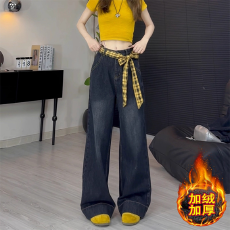 批发美式复古格子拼接阔腿牛仔裤女加绒高腰蝴蝶结系带宽松显瘦直筒裤