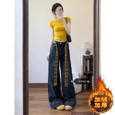 批发美式复古格子拼接阔腿牛仔裤女加绒高腰蝴蝶结系带宽松显瘦直筒裤