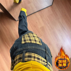 批发美式复古格子拼接阔腿牛仔裤女加绒高腰蝴蝶结系带宽松显瘦直筒裤