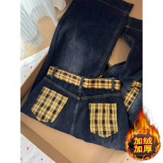 批发美式复古格子拼接阔腿牛仔裤女加绒高腰蝴蝶结系带宽松显瘦直筒裤