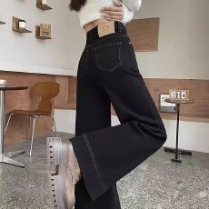 批发春季新款女牛仔裤高腰显瘦宽松减龄韩版拖地黑色阔腿裤