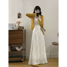 批发实拍~大码女装立体花朵气质抹胸白色吊带<b class='q'>长裙</b>配黄色开衫两件套装