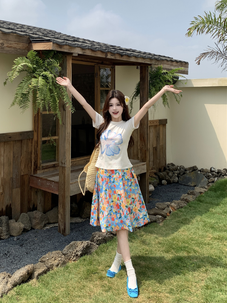 RY6394# 实拍~大码女装仲夏花园印花蓬蓬花苞半身裙女花朵短袖T恤上衣套装