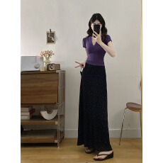 批发实拍~大码女装夏季法式纯欲紫色V领短袖T恤高腰显瘦碎花半裙套装