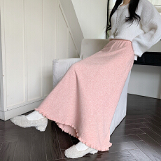 批发实拍～温柔系木耳边针织半身裙女秋冬软糯中<b class='q'>长裙</b>高腰a字<b class='q'>白色</b>伞裙