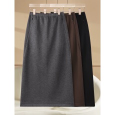 醋酸羊绒+有口袋2025年秋冬新款松紧腰弹力极简直筒包臀裙