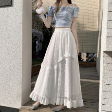 批发实拍 白色蕾丝蛋糕半身裙女春夏季高腰显瘦垂感a字伞裙大摆长裙