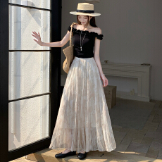 批发奶茶色清新温柔复古网纱碎花<b class='q'>半身</b>裙度假风印花高腰a摆显瘦<b class='q'>长裙</b>