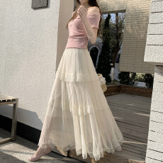 批发温柔风镂空蕾丝花边网纱<b class='q'>半身</b>裙女春季2026高腰A字褶皱层层蛋糕裙