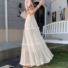 批发仙气满满~花边网纱拼接<b class='q'>半身</b>裙女春季2026新气质高腰A字<b class='q'>长裙</b>子