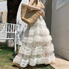 批发杏色春夏新款松紧中长裙法式蓬蓬蛋糕裙褶皱百褶裙百搭仙女半身裙