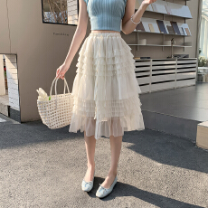 批发超仙白色网纱蛋糕中长裙子女2026春夏季新款高腰蓬蓬半身A字中裙