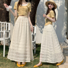 批发独特韩系横条纹波点半身裙2026夏季新款多层木耳边蛋糕a字中长裙