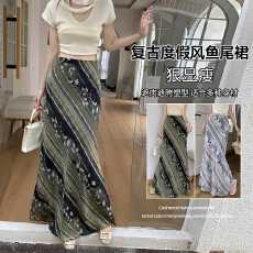 批发复古斜纹印花薄纱雪纺半身裙2026夏度假风裙子绝美<b class='q'>包臀</b>鱼尾<b class='q'>长裙</b>