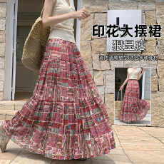 批发粉色复古雪纺碎花<b class='q'>半身</b>裙女2026夏季新款法式大摆长款褶皱蛋糕裙