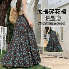 批发复古蓝樱碎花半身裙女2026夏季新款高腰飘逸显瘦大摆a字蛋糕裙