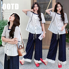 批发新款 俏皮减龄韩系<b class='q'>衬衫</b>搭波点阔腿<b class='q'>裤</b>