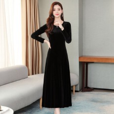 批发高档金丝绒洋气<b class='q'>连衣裙</b>春秋冬长裙子妈妈打底旗袍遮肚气质加厚过膝