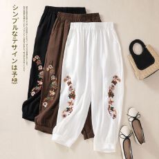 批发外贸清仓大码春夏复古民族风绣花灯笼裤女宽松束脚裤休闲裤九分裤