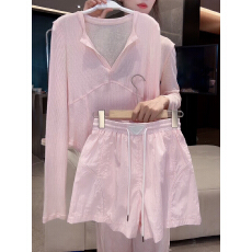 批发甜美清新薄款长袖T恤短裤套装夏季减龄显瘦防晒上衣休闲裤两件套