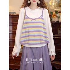 批发港风复古时尚小个子针织T恤女春季新款条纹吊带马甲上衣两件套潮