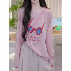 批发卡通眼镜印花针织衫女秋季小众设计感罩衫韩版宽松显瘦圆领上衣潮