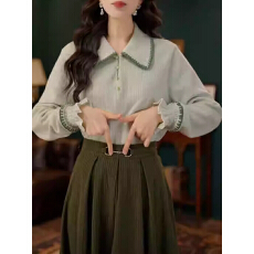 批发法式复古polo领花苞袖<b class='q'>衬衫女</b>2025秋冬新款温柔风减龄气质打底上衣