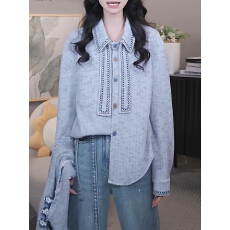 批发时尚复古加厚保暖扎染翻领长袖衬衫女秋冬新款彩扣刺绣打底上衣潮