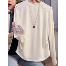 批发蕾丝拼接德绒<b class='q'>长袖</b><b class='q'>t</b><b class='q'>恤</b>女2025冬季新款时尚休闲内搭打底衫褶皱上衣