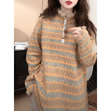 批发慵懒风复古撞色条纹立领卫衣女2025冬季新款百搭<b class='q'>中长款</b>打底上衣潮