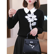 批发时尚撞色设计感小众<b class='q'>花朵</b>刺绣翻领针织衫女2025冬新款修身显瘦<b class='q'>上衣</b>