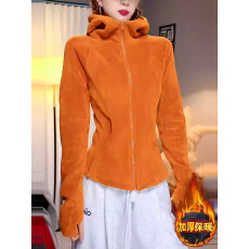 批发高级感休闲橙色绒面连帽卫衣外套2025冬季新款<b class='q'>修身</b>保暖打底上衣女