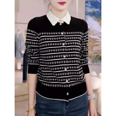 批发2025秋冬新款法式撞色翻领长袖针织开衫女时尚百搭显瘦假两件上衣