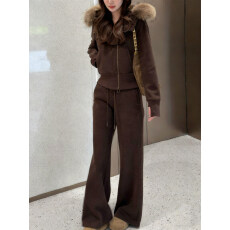 批发韩系高级气质加绒保暖两件套<b class='q'>女士</b>冬季新款毛领连帽外套休闲裤<b class='q'>套装</b>