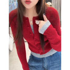 批发假两件撞色拼接圆领针织衫女2025秋冬新款修身好看漂亮短款上衣潮