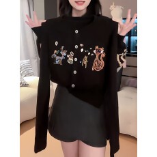 批发时尚复古提花卡通刺绣长袖针织开衫女秋冬新款高级感显瘦百搭上衣