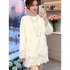 批发韩系温柔风蕾丝拼接T恤女2025冬新款小众<b class='q'>中长款</b>漂亮宽松打底上衣