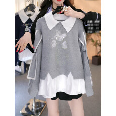 批发高级感重工蝴蝶烫钻假两件<b class='q'>卫衣</b>女秋冬季加绒保暖拼接翻领长袖上衣