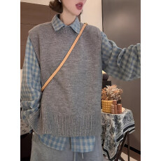 批发韩系休闲风叠穿两件套装女2025秋冬新款百搭设计针织马甲<b class='q'>格子</b>衬衫