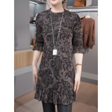 小众设计感印花打底衫T恤女2025秋冬新款复古气质荷叶边长款上衣